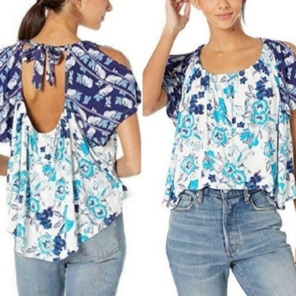 Free People Pullover Top Women's Size XS Blue Baja Babe Floral Cold Shoulder